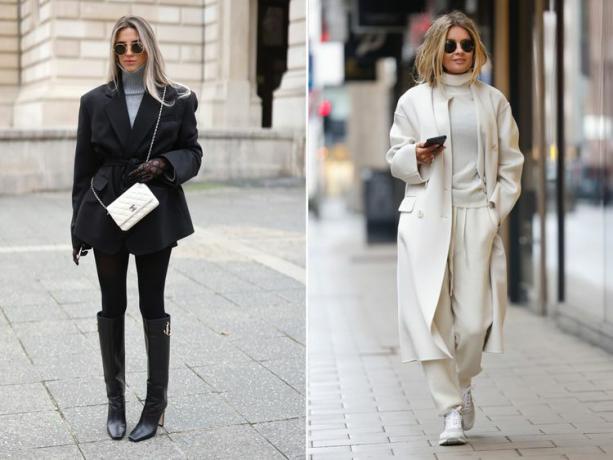 Dua wanita mengenakan mantel kasmir, sejenis mantel yang patut dicoba di tahun 2023.