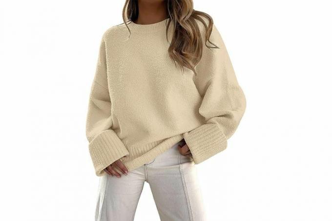 Dámske nadrozmerné svetre Amazon LILLUSORY s puklicovým výstrihom Fuzzy pletený robustný teplý sveter