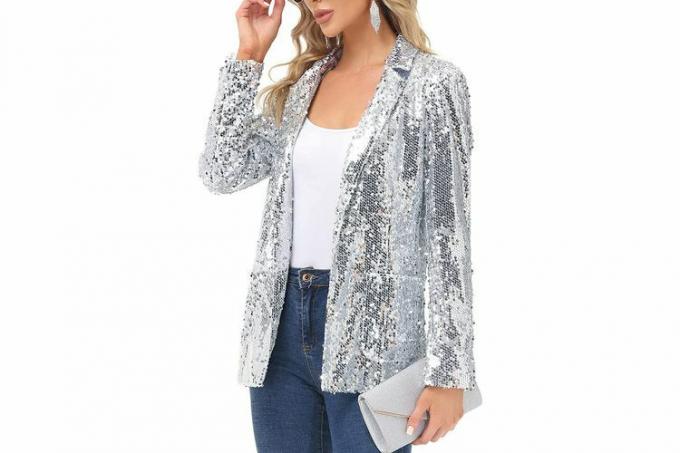 KANCY KOLE Jaqueta Feminina de Lantejoulas Blazer Frente Aberta Jaqueta Casual Manga Longa Cardigan Brilhante com Bolso S-XXL