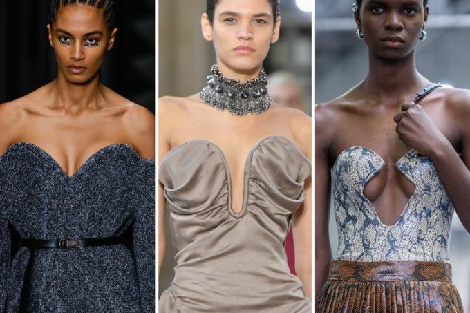 Gorsetowe topy z wyprofilowanymi miseczkami, jeden z najlepszych jesiennych trendów mody 2023, noszone przez modelki na pokazach Louis Vuitton, Vivienne Westwood, Rokh FallWinter 20232024.