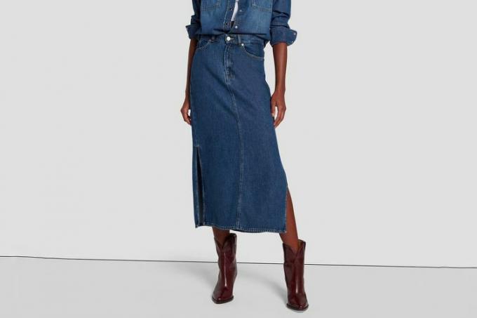 7 For All Mankind DENIM MIDI SUKNĚ V MODRÉ NOTĚ