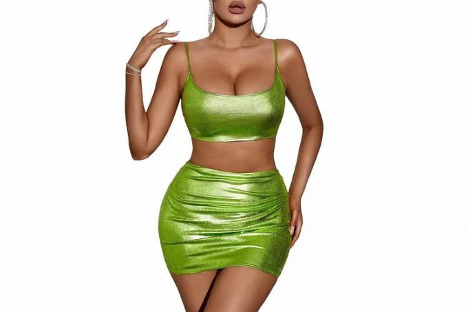 Milumia Dames Tweedelige Outfits PU Metallic Crop Cami Top en Bodycon Mini Rok Set