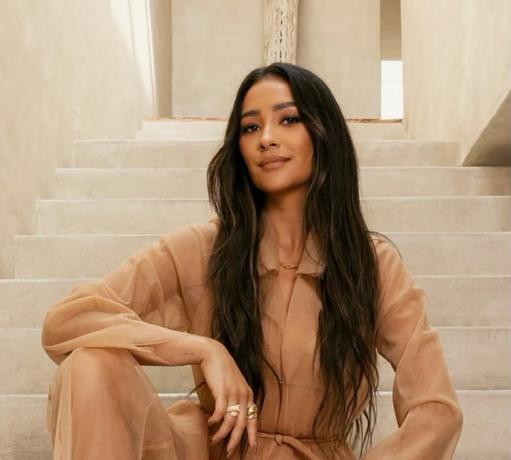 Shay Mitchell Beige Jumpsuit Béis Headshot