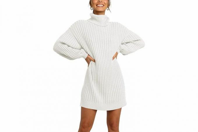 ANRABESS Kvinnor Turtleneck Lång Lantern Sleeve Casual Lös Oversized Sweater Dress