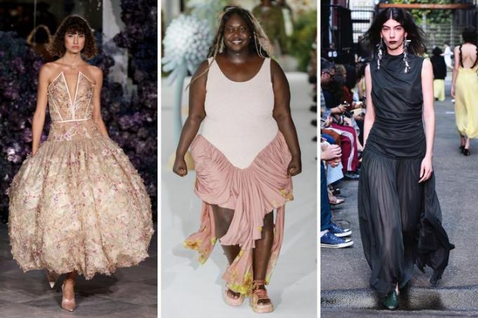 Модели носят платья с заниженной талией — один из лучших модных трендов Недели моды в Нью-Йорке 2024 года.