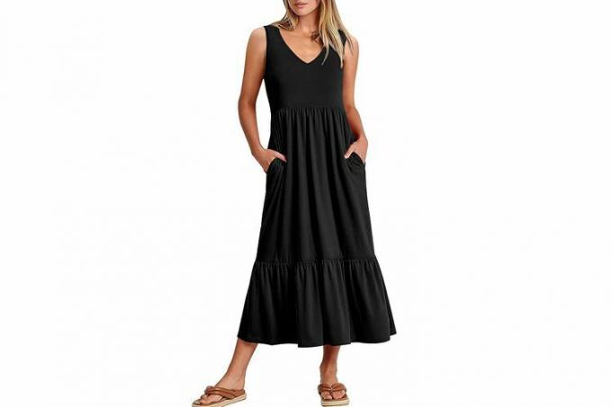 ANRABESS Dámské letní ležérní šaty bez rukávů s výstřihem do V Neformální splývavé plážové maxi šaty s kapsami