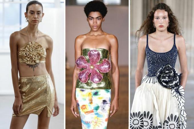 Модели на Нью-Йоркской неделе моды носят огромные розетки и цветы из пайеток — один из лучших модных трендов сезона весна-лето 2024 на Нью-Йоркской неделе моды 2024 года.