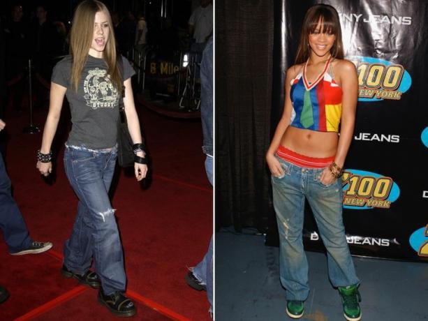 Avril Lavigne a Rihanna nosia voľné džínsy Y2K.