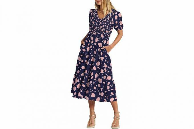 Amazon ANRABESS Summer Puff Lengan Pendek Midi Dress Navy Pink