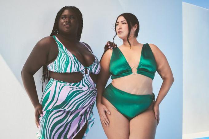 Plus-size-modeller bærer Gabi Fresh Swim x ELOQUII Chasing Paradise-kollektionen