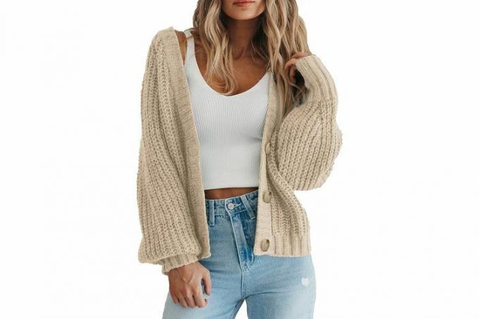 Suéter feminino longo de malha grossa com frente aberta Amazon PRETTYGARDEN 