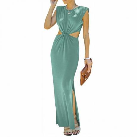 ANRABESS Dames Zomer Mouwloze Gewatteerde Schouder Uitsparing Twist Elegante Slim Fit Maxi Jurk met Split Groen