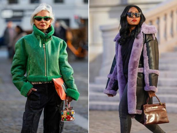 Dua wanita mengenakan mantel shearling, sejenis mantel yang patut dicoba pada tahun 2023.