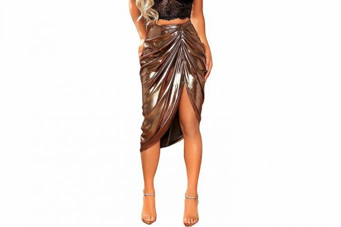 Amazon WDIRARA Dámské rozdělené stehno přední saténová sukně s vysokým pasem nařasený zip vzadu bodycon midi sukně