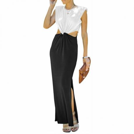 ANRABESS Dames Zomer Mouwloze Gewatteerde Schouder Uitsparing Twist Elegante Slim Fit Maxi Jurk met Split Wit Zwart