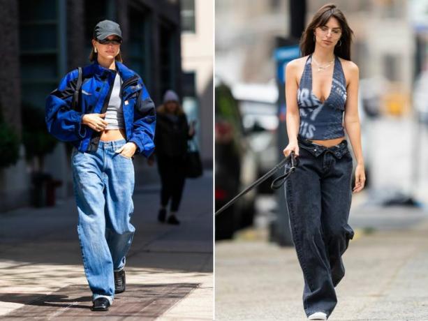 Hailey Bieber a Emily Ratajkowski nosia voľné džínsy v štýle 90. rokov.