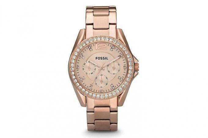 Fossil Riley Montre à quartz multifonction en acier inoxydable avec cristaux pour femme