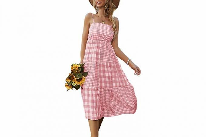 ECOWISH 女性ドレス夏スパゲッティストラップ花高低非対称不規則な裾カジュアルチェック柄ロングドレス