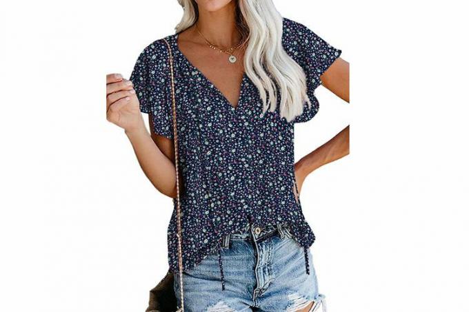 SimpleFun Женские топы в стиле бохо Цветочный V-образный вырез с коротким рукавом Летняя блузка Рубашки