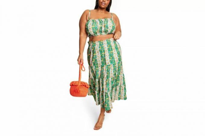Midi-nederdel med blandet finurlig blomster- og stribeprint til kvinder - RHODE x Target GreenBlueYellow