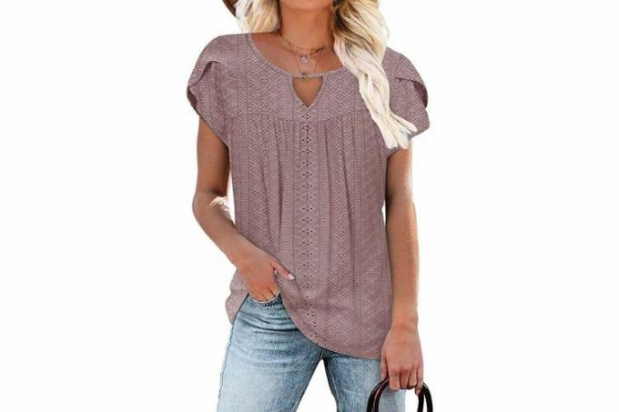 Damen Casual Dressy Short Petal Sleeve Shirts Plissee Fashion Front Schlüsselloch U-Ausschnitt Blumendruck Loose Fit Tops