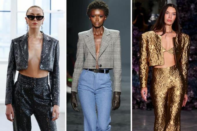 Модели носят укороченные пиджаки — один из лучших трендов Нью-Йоркской недели моды 2024 года, который можно увидеть в коллекциях Недели моды в Нью-Йорке весна-лето 2024 года.