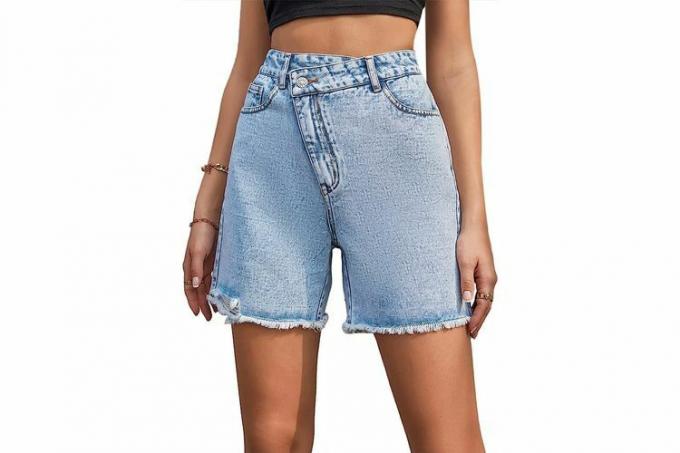 Dámské džínové šortky Criss Crossover s vysokým pasem a asymetrickým lemem na knoflíky s roztrhaným syrovým lemem pro letní horké kalhoty Amazon Ladyful