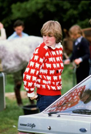 Diana, principessa del Galles (1961 - 1997) indossa un maglione di lana 'Pecora nera' di Warm and Wonderful