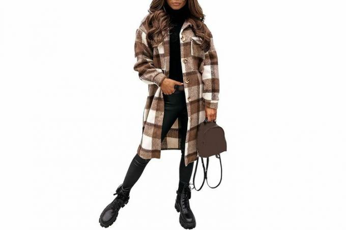Женская длинная фланелевая куртка в клетку Amazon October Prime Day PUWEI, уютная куртка на пуговицах с лацканами