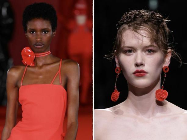 rozetjuwelen, een van de beste herfstjuwelentrends van 2023, worden gedragen door modellen in David Koma, Giorgio Armani Privé Haute Couture Fall Winter 20232024 catwalkshows.