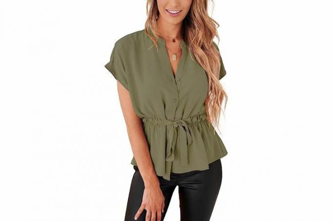 Amazon Prime Day Womens Button Down Blouses เสื้อลำลอง Peplum ฤดูร้อน