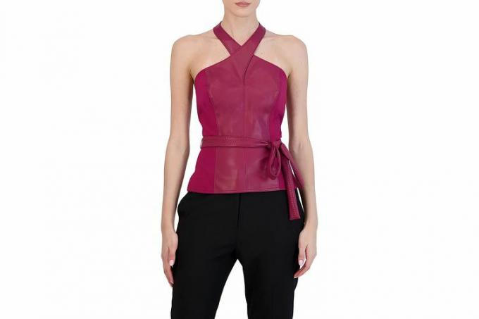 BCBGMAXAZRIA női testre szabott Peplum műbőr felső