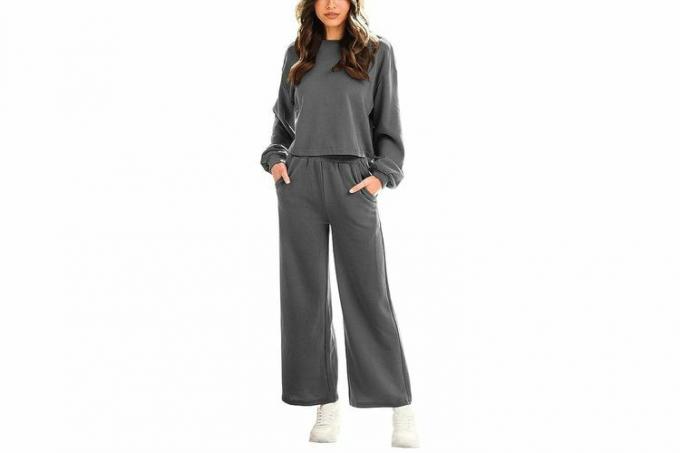 Amazon ANRABESS Womenâ ชุดสองชิ้นแขนยาว Crop Top กางเกงขากว้างถัก Sweatsuit Loungewear Sweatsuit ชุด