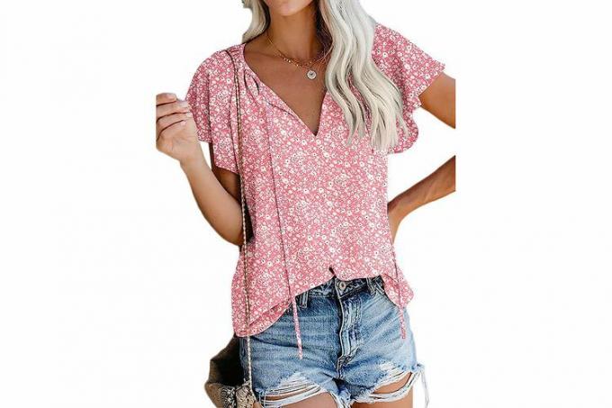 Amazon SimpleFun Женские топы в стиле бохо Цветочный V-образный вырез с коротким рукавом Летняя блузка Рубашки
