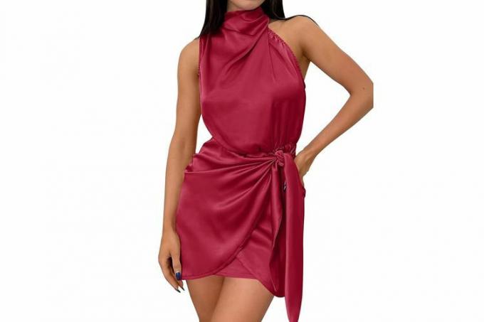 Amazon ZESICA Dámská módní saténová ohlávka bez rukávů 2023 se zavazováním kolem pasu Bodycon koktejlové párty mini šaty