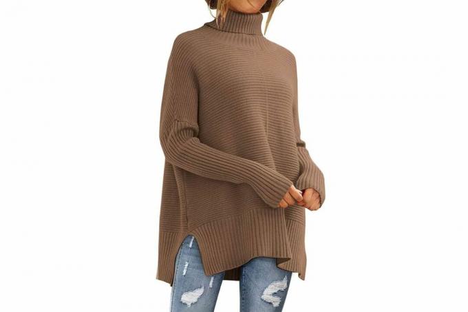 Amazon LILLUSORY 여성용 오버사이즈 터틀넥 스웨터 2023 가을 배트윙 슬리브 골지 튜닉 스웨터
