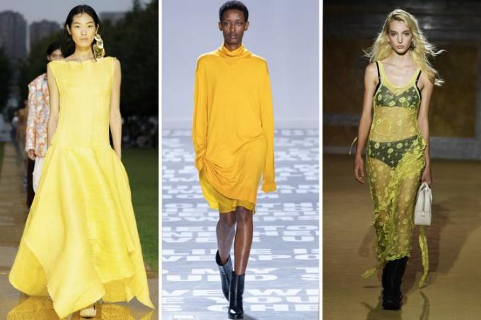 На Нью-Йоркской неделе моды 2024 модели ходят по подиуму в желтом цвете — одном из лучших модных трендов Недели моды в Нью-Йорке 2024 года.