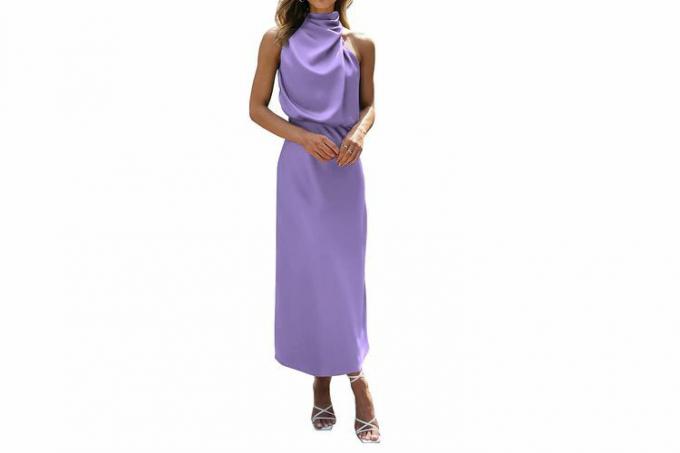 BTFBM Robe de cocktail sans manches pour femme Col montant Trou de serrure Élastique Taille haute Invité de mariage Soirée Maxi Robe