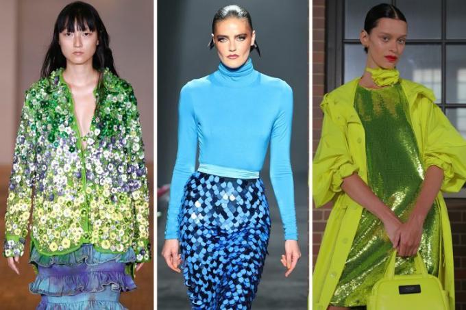 Модели носят пайетки — один из лучших модных трендов Нью-Йоркской недели моды сезона весна-лето 2024 на Неделе моды в Нью-Йорке. 