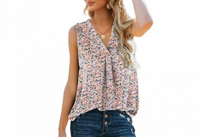 XIEERDUO dames tanktop met V-hals, mouwloos, geplooid, kantoor, blouses, tops