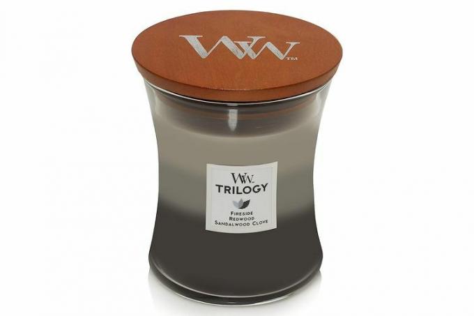 Sveča Amazon WoodWick Warm Woods Medium Hourglass Trilogy