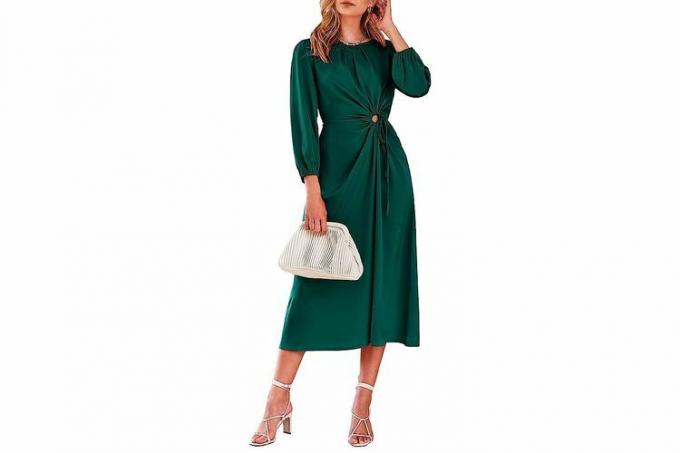Amazon PRETTYGARDEN Dámské saténové maxi šaty 2023 nabírané dlouhé rukávy s vroubkovaným výstřihem Ležérní šaty dlouhé splývavé šaty áčkového střihu