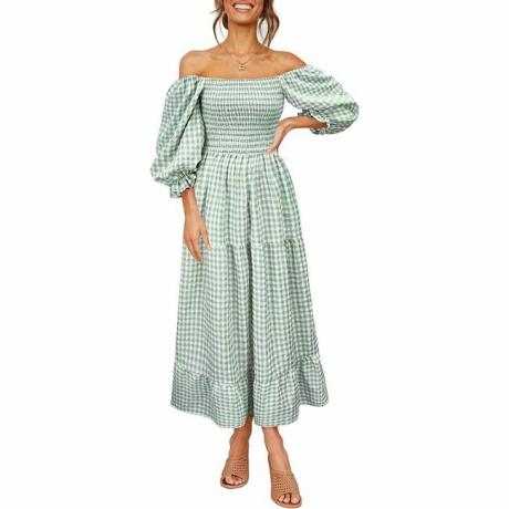 UIMLK vrouwen Boho Flowy Cottagecore Bladerdeeg Mouw Uit De Schouder Zomer Casual Plaid Ruche Midi Lange Jurk