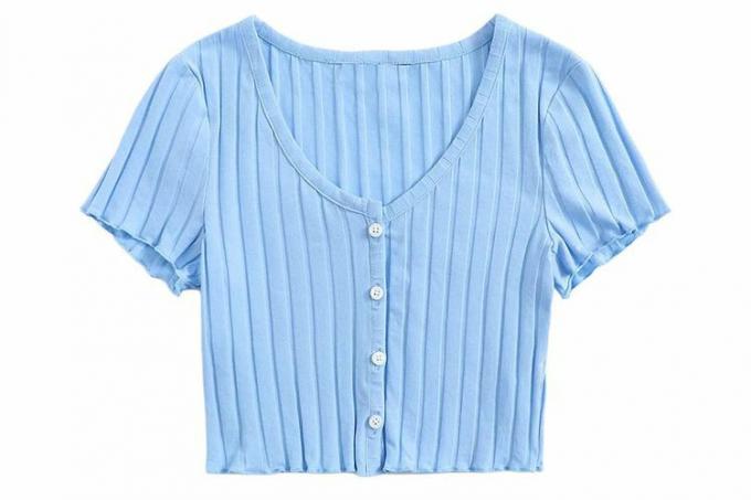 Romwe Blusa de manga corta con cuello en V para mujer, informal, de verano, con botones, acanalada