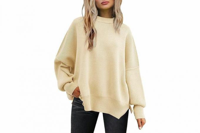 Amazon LILLUSORY Pull à manches longues et col rond pour femme - Automne 2023 - Haut surdimensionné en tricot côtelé avec fente latérale