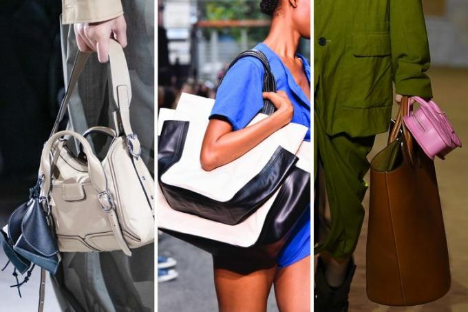 Modelky NYFW ve společnosti Phillip Lim, Rachel Comey a Coach nosí dvojité tašky, jeden z nejlepších módních trendů NYFW SS24 roku 2024. 