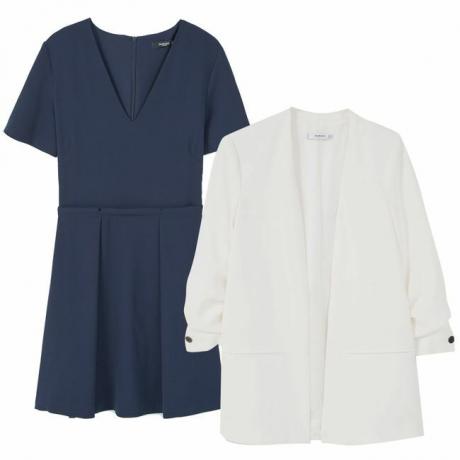 Попробуйте простое темно-синее платье с белым блейзером.