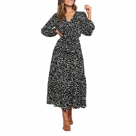 MITILLY Boho leopardtryck för kvinnor med volang långärmad V-ringad Casual Flowy Party Maxiklänning