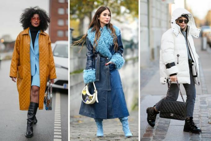 Tiga wanita difoto mengenakan mantel berlapis tembaga, jas hujan kulit biru dengan manset shearling, dan jaket bulu putih, tiga jenis mantel yang bisa dicoba di tahun 2023.