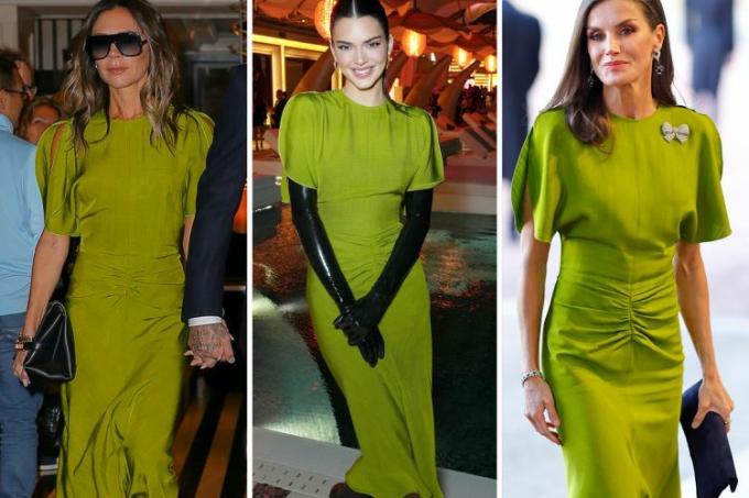 Victoria Beckham, Kendall Jenner ja Espanjan kuningatar Letizia käyttävät kultaista Victoria Beckhamin vihreää mekkoa vintage chartreuse -väreissä. 